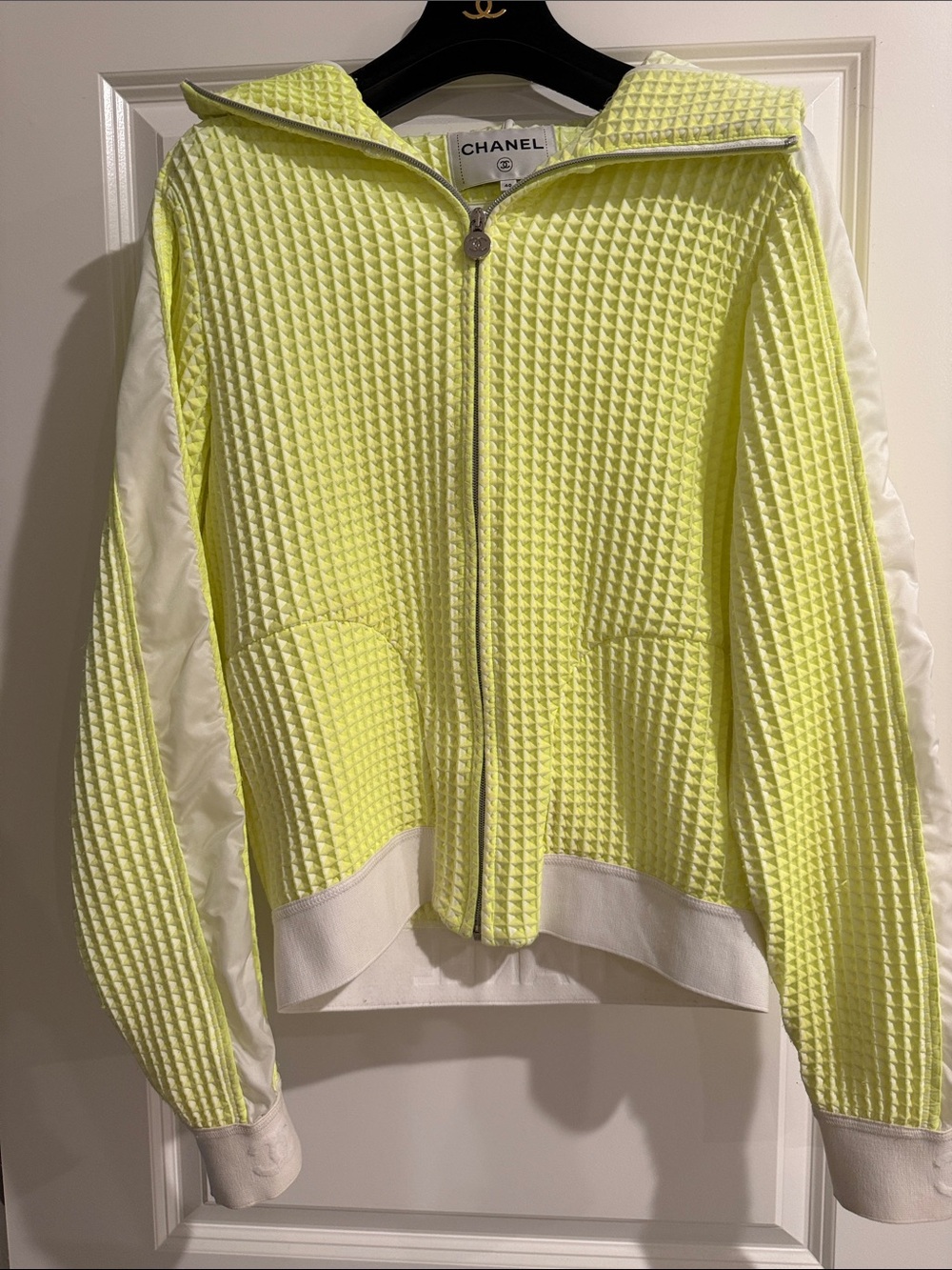 CHANEL KYLIE JENNER Neon Yellow Quilted Zip-Up Bomber Jacket with White Panels